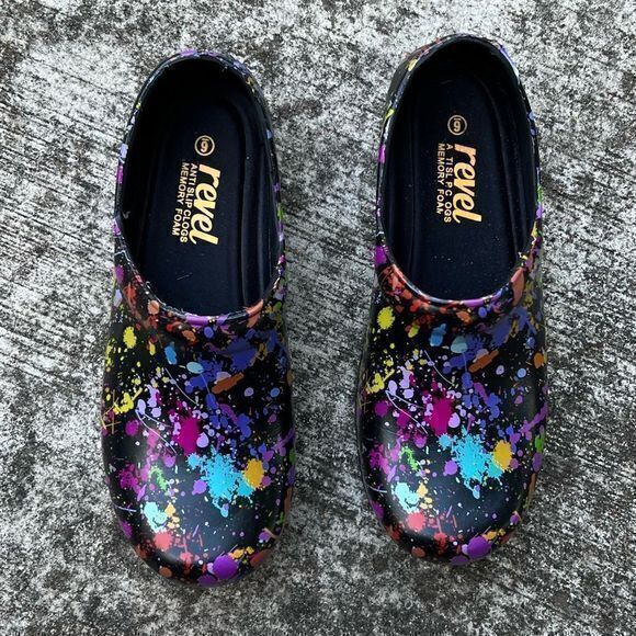 Revel Women's Anti Slip Clogs Memory Foam Multicolor Paint Splatter Size 6 - Picture 3 of 9